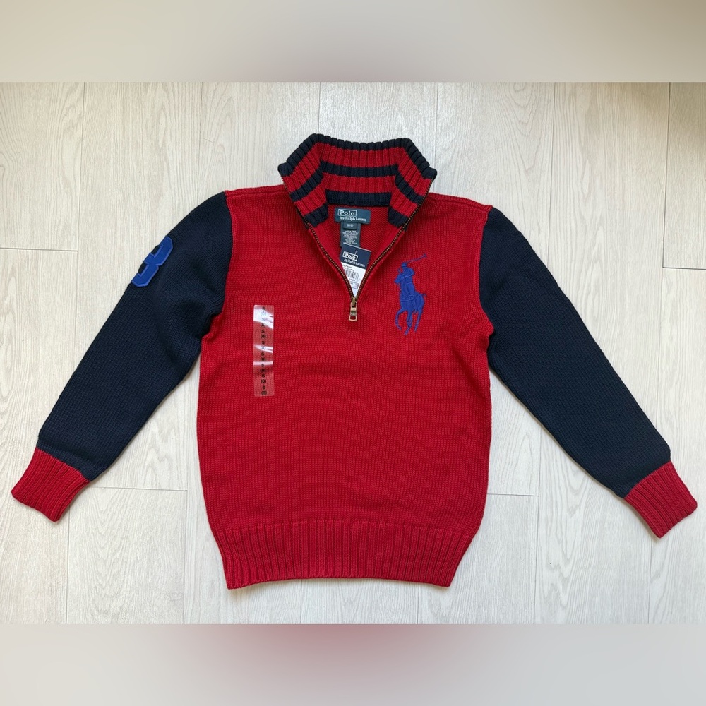 NEW! Polo Ralph Lauren Red & Navy 1/4 Zip Sweater!NEW WITH TAGS! Stylish! Pony 8